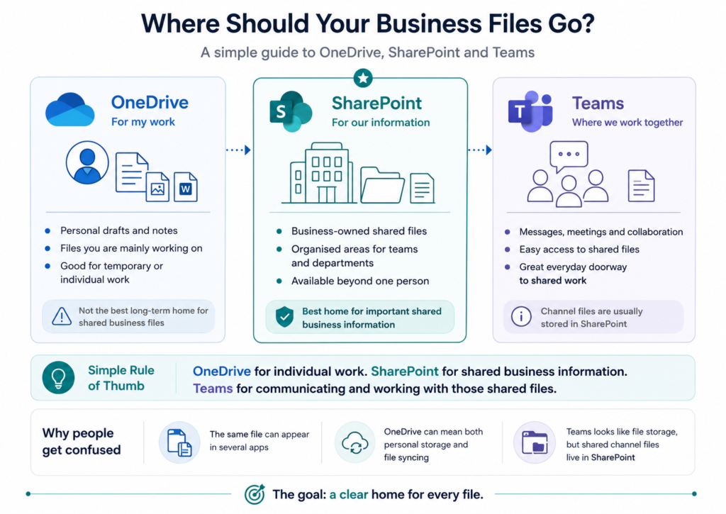 Comparison of OneDrive, SharePoint and Teams for storing and sharing business files.